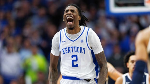 Kentucky Wildcats forward Aaron Bradshaw (2) celebrates during the second half against the Gonzaga Bulldogs at Rupp Arena at Central Bank Center.